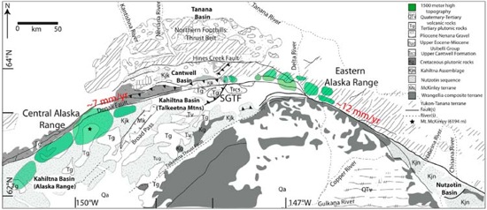 Figure 2. Regional geological map of central Alaska. High topography within the central Alaska Range is located mainly to the south of the DFS whereas high topography within the eastern Alaska Range is located to the north at the junction between the DFS and the Talkeetna thrust fault.