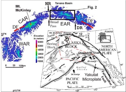 Figure 1. DEM of the Alaska Range (flooded to 1000 m). Inset: Tectonic map of southern Alaska, red dashed line is the outline of the subducted Yakutat slab (thanks to Jeff Benowitz for compiling this figure)