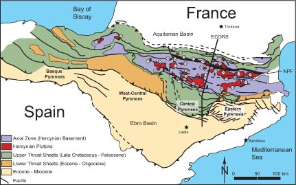 generalized tectonic map of pyrenees mountains